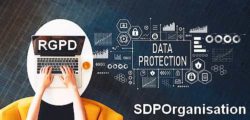 Data protection with person using a laptop on a white table